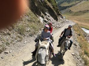 un grupo de gente montando caballos por un camino de tierra en Samtsikhe en Dart'lo