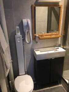 W łazience znajduje się umywalka, toaleta i lustro. w obiekcie Hotel Telemaque w Paryżu