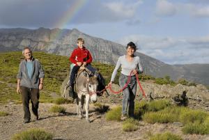 Uma mulher, um homem e um rapaz num burro. em Logis Hotel Restaurant des Gorges du Tarn em Florac