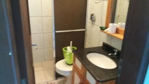 a small bathroom with a sink and a toilet at Sobrado Hibisco in Capão da Canoa