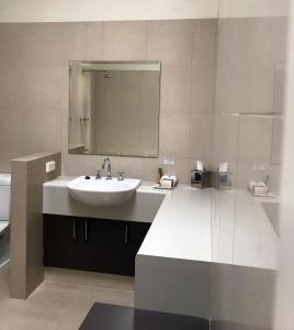 uma casa de banho com um lavatório e um espelho em The Bridgetown Hotel em Bridgetown