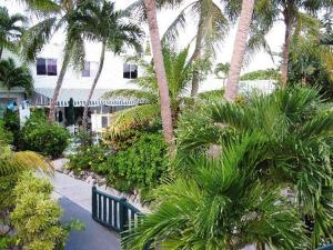 un parque con palmeras, un banco y un edificio en Bay View Suites Paradise Island en Nassau