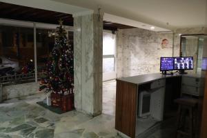 a christmas tree in a living room with a desk at Ferbus monoambiente in Mar del Plata