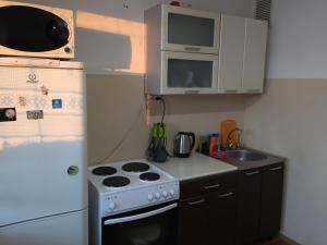 a small kitchen with a stove and a refrigerator at Apartment Erofey Arena at Sysoeva 8 in Khabarovsk