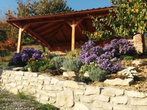 a garden with purple flowers and a stone wall at Apartment Vínny Dom in Viničky