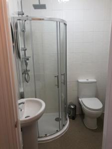 a bathroom with a shower and a toilet and a sink at Good Intent Rooms in Waltham Abbey +9 photos