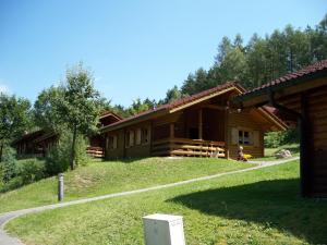 ein Blockhaus mit einem Computer davor in der Unterkunft Blockhaus Hedwig in Stamsried