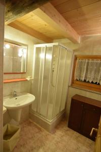 uma casa de banho com um lavatório branco e um chuveiro em Tobià Gries em Canazei