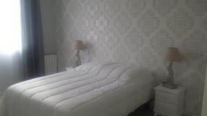 a large white bed in a bedroom with two lamps at la ferme aux kangourous in Donzy