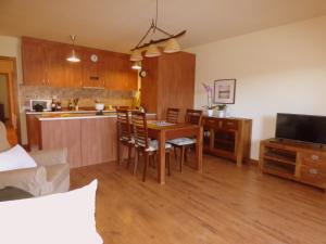 a kitchen and living room with a table and a kitchen and a counter at Nature Appartements Font Romeu in Font-Romeu