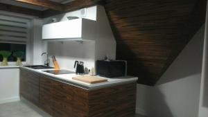 コシチェリスコにあるApartament Palisanderの木製の天井、シンク付きのキッチン