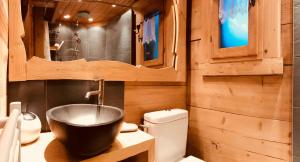 a bathroom with a bowl sink and a toilet at Alpen Lounge in Servoz +35 photos