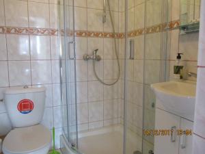 a bathroom with a shower and a toilet and a sink at U Adama in Wieliczka