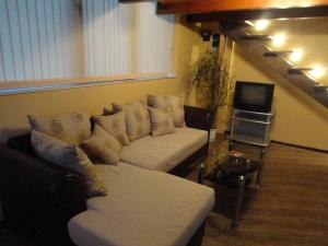 a living room with a couch and a tv at Mountain Dreams Apartment in Sapareva Banya