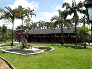 a building with a fountain in the grass with palm trees at Chácara Pimentão Vermelho in Peruíbe