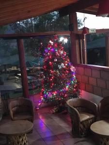 Un árbol de Navidad con luces en un restaurante en Cabañas El Estribo Hotel en Valle de Bravo