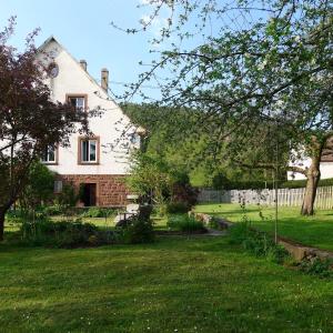 una casa con un patio con césped verde en Un gîte dans la vallée, en Obersteinbach