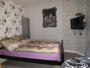 a bedroom with a bed and a flat screen tv at Ferienapartments am Dorfplatz in Langscheid
