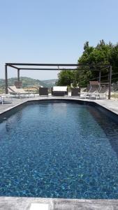 a swimming pool with chairs and blue water at Agriturismo CasaMatilda in Dogliani
