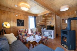 ein Wohnzimmer mit einem Sofa und einem Herd in der Unterkunft Ferienhaus Kreischberg - Silberhirschen Hütte in Sankt Lorenzen ob Murau