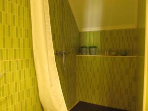 uma casa de banho com um chuveiro com azulejos amarelos em Casa da Ribeira em Santarém