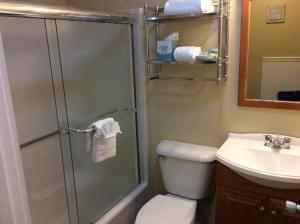 a bathroom with a shower and a toilet and a sink at The Beachwood in Old Orchard Beach