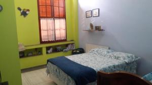 een slaapkamer met een bed en groene muren bij Pousada Chácara Famille Brun in São João da Boa Vista +101 foto's