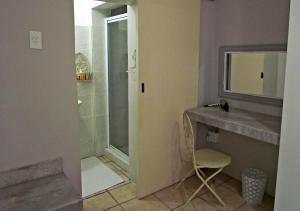 een badkamer met een douche, een wastafel en een spiegel bij Jasmine Cottage in George