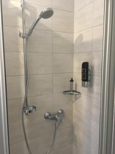 a shower with a shower head in a bathroom at Hotel am Ring in Magdeburg