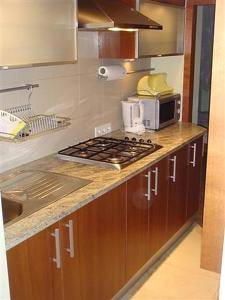 eine Küche mit einer Arbeitsplatte und einer Mikrowelle in der Unterkunft Apartament Wilnianka in Krynica-Zdrój