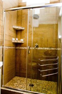 La salle de bains est pourvue d'une douche avec une porte en verre. dans l'établissement I Sorrisi Di Napoli, à Naples