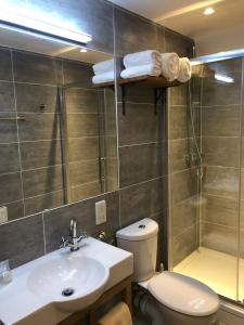 a bathroom with a toilet and a sink and a shower at Bex Rooms in Worthing +7 photos