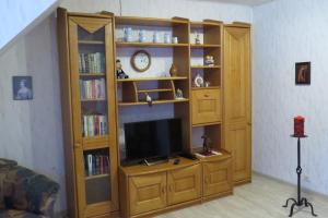 a living room with a tv and a book shelf at Fewo Scherb in Trulben