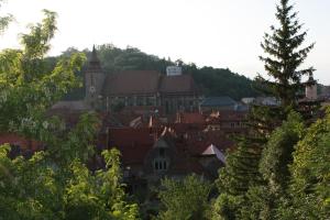 a view of a town with a clock tower on a hill at Casa Schei in Braşov