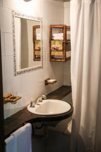 a bathroom with a sink and a mirror and a shower curtain at Aguapé Lodge in Colonia Carlos Pellegrini