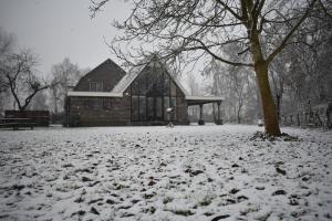 a house in a snow covered yard with a tree at BenBZuiderzee in Hattem