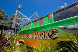 a bus with the words jurassic park on the side at BIG4 Traralgon Park Lane Holiday Park in Traralgon