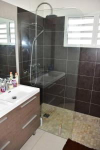 a bathroom with a shower and a sink and a tub at Bas de villa Noumea in Noumea