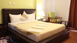 um quarto com uma cama grande e uma cadeira em Hotel Lobelia em Addis Ababa