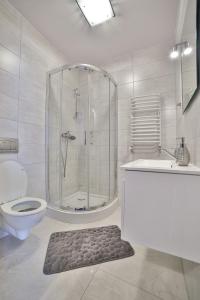 a bathroom with a shower and a toilet and a rug at Noclegi u Nawary in Rabka-Zdrój