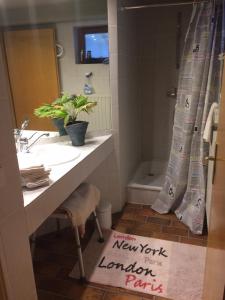 La salle de bains est pourvue d'un lavabo et d'un rideau de douche. dans l'établissement schones Zimmer in Gimmeldingen/ Konigsbach, à Neustadt an der Weinstraße