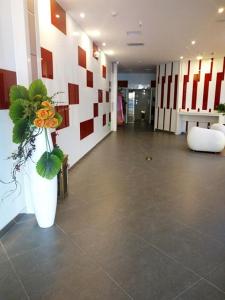 a hallway with a vase with flowers in it at Thank Inn Chain Hotel Hubin District Dongfeng Market in Sanmenxia