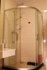 y baño con ducha y puerta de cristal. en Thank Inn Chain Hotel Shandong Heze Yuncheng County Ximen Street Shuichu Haohan City en Yuncheng