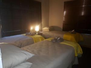 3 camas en una habitación con luz sobre ellas en The Highland Inn, en Bethlehem