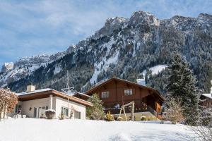 a house in the snow with a mountain in the background at Apartmenthaus Kreuzbuche in Flühli