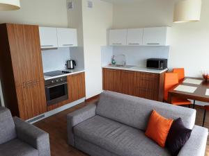 a living room with a couch and a kitchen at Apartament Trzynastka in Świnoujście