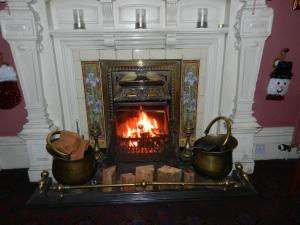 a fireplace with two pots and a fire in it at Morangie Hotel Tain in Tain