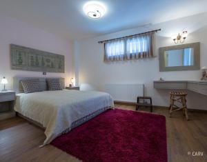 a bedroom with a large bed and a red rug at Kallisto Mountain House II in Arachova