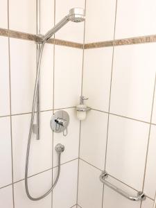 a shower with a shower head in a bathroom at Hotel Birkenhof in Hanau am Main