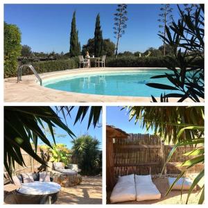 dos fotos de una piscina y una casa en Hacienda d'Armando, en Felanitx